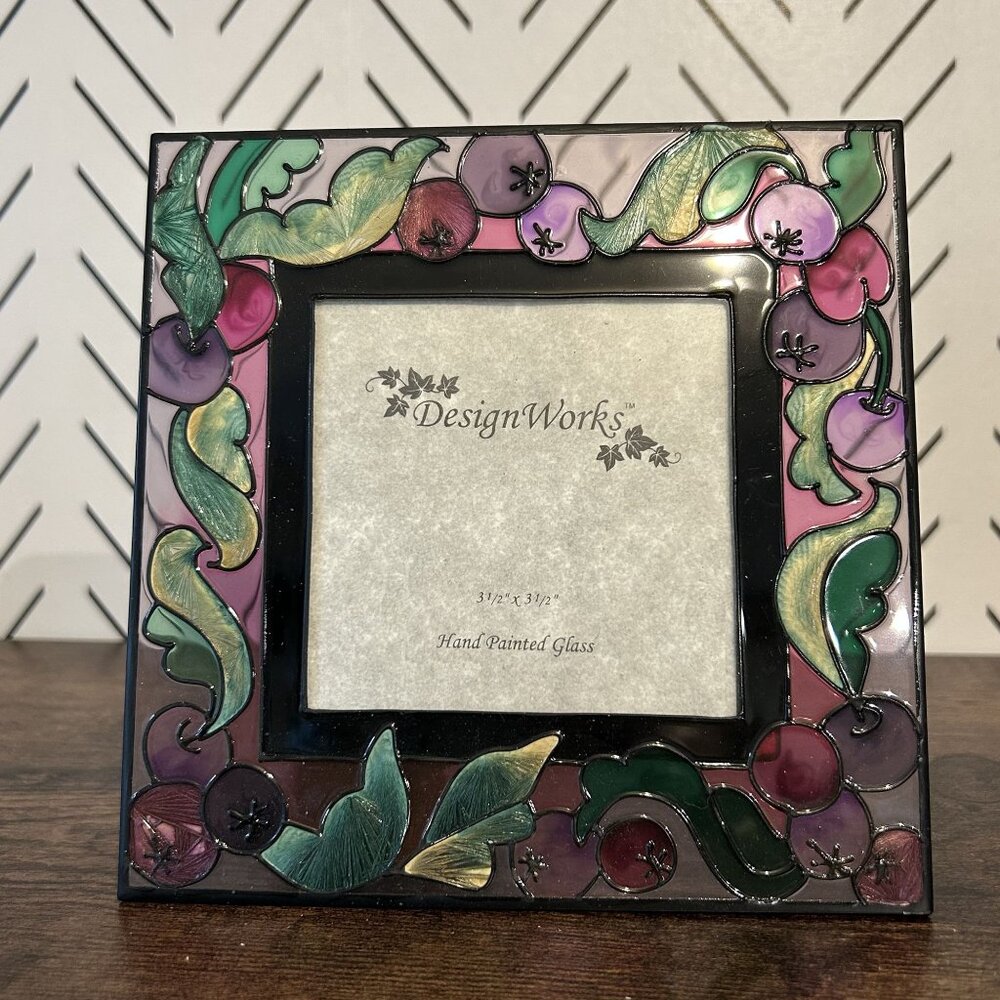 New Stain Glass Grapes Leafs Hand Painted Picture Frame 5.5 Design Works 3.5x3.5